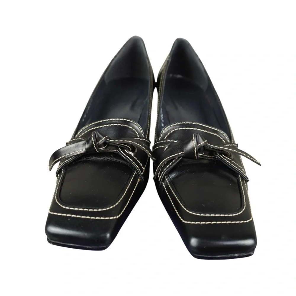 Stuart Weitzman Vtg Black Leather Square Toe Heels Size 9N Bow Tie Butler